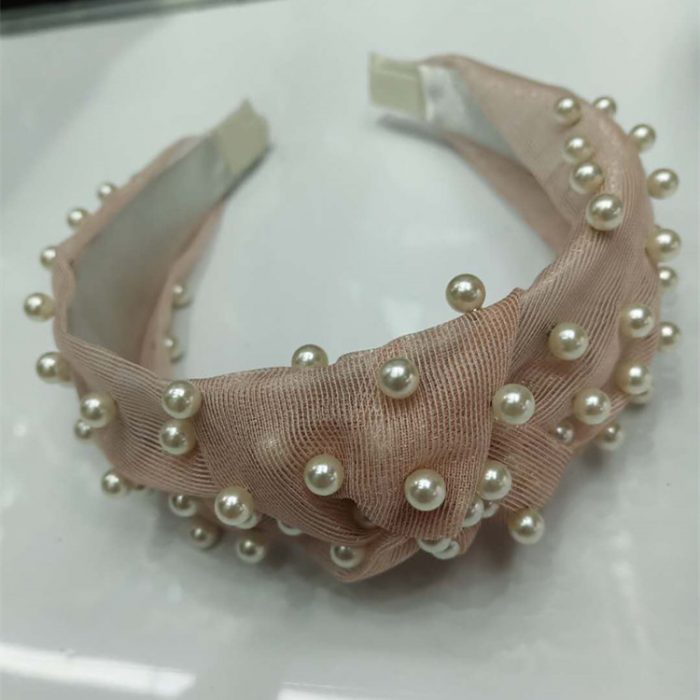 AL000394 Rabbit Ear Knot Soft Solid Girls Lace Pearl Hair Bands - Image 2