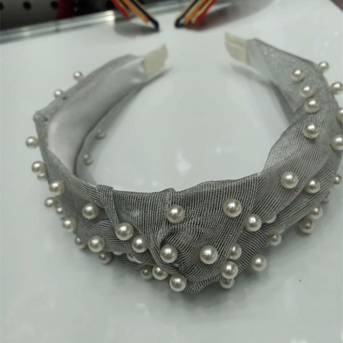 AL000394 Rabbit Ear Knot Soft Solid Girls Lace Pearl Hair Bands - Image 5