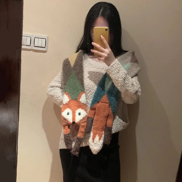 FS000640 ALLCH Women Knitted Little Fox Cartoon Scarf - Image 6