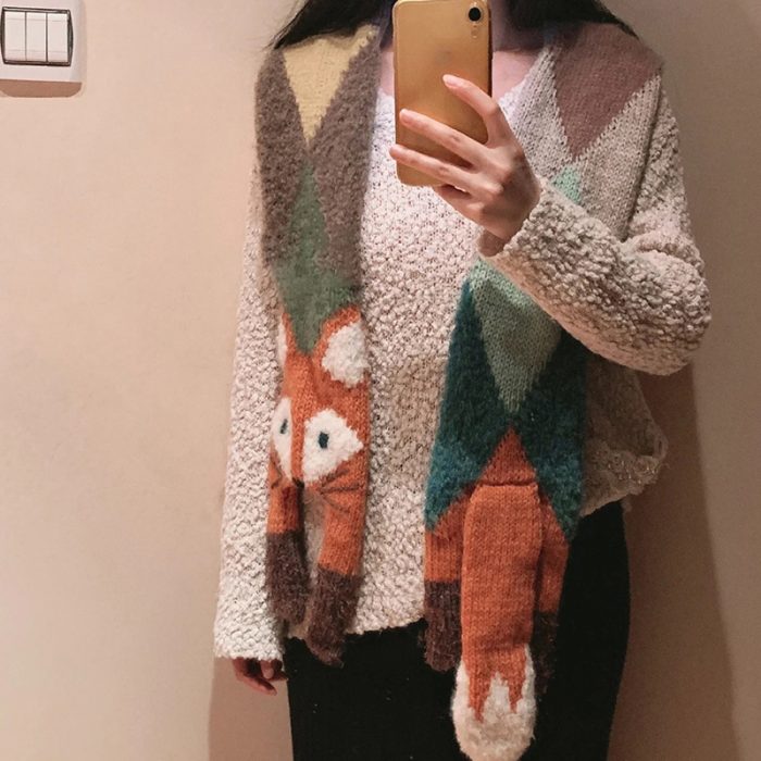 FS000640 ALLCH Women Knitted Little Fox Cartoon Scarf - Image 9